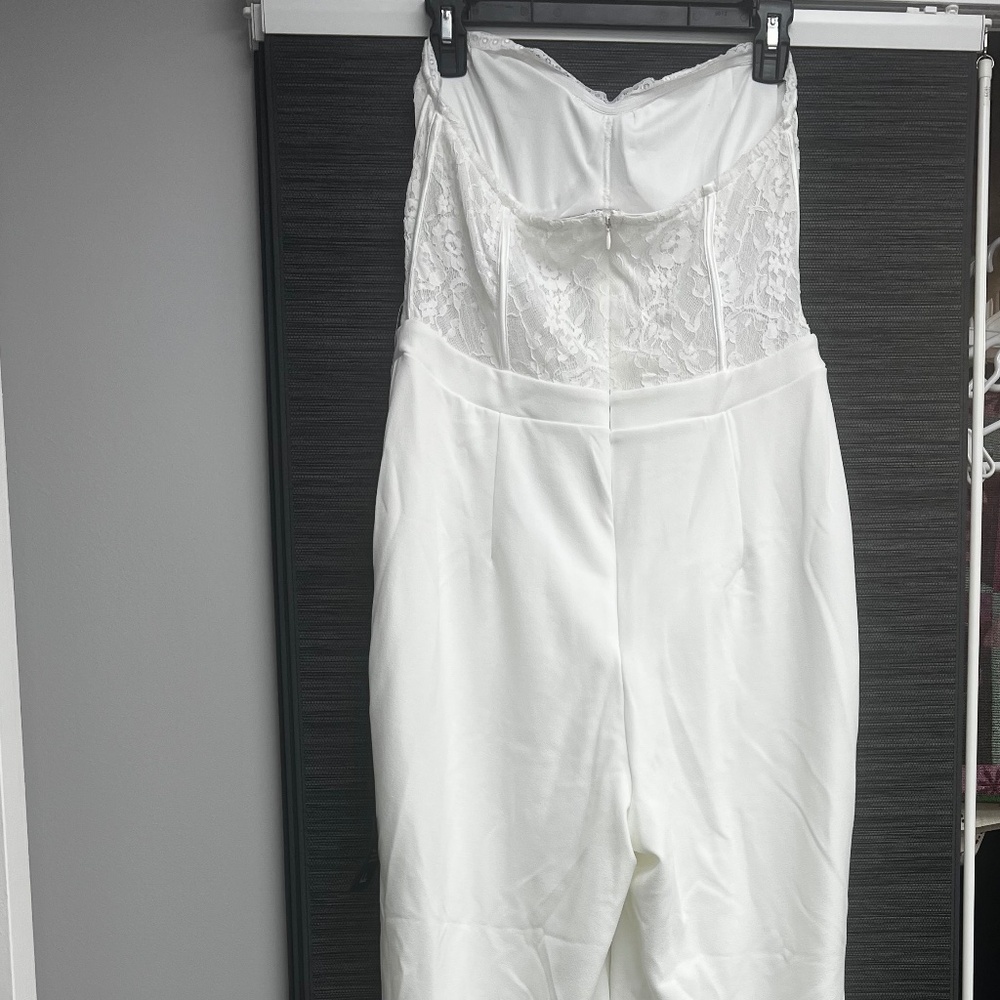 White Lace Strapless Bustier Jumpsuit - Picture 2 of 3